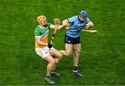 22 February 2025; Cillian Kiely of Offaly in action against Conor Burke of Dublin during the Allianz Hurling League Division 1B match between Dublin and Offaly at Croke Park in Dublin. Photo by Daire Brennan/Sportsfile