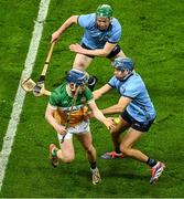 22 February 2025; Colin Spain of Offaly in action against Brendan Kenny of Dublin during the Allianz Hurling League Division 1B match between Dublin and Offaly at Croke Park in Dublin. Photo by Daire Brennan/Sportsfile