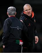 22 February 2025; Armagh selector Kieran Donaghy and Mayo manager Kevin McStay shake hands after the Allianz Football League Division 1 match between Armagh and Mayo at the BOX-IT Athletic Grounds in Armagh. Photo by David Fitzgerald/Sportsfile