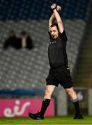 22 February 2025; Referee Noel Mooney signals after ruling out a goal by Luke Breathnach of Dublin during the Allianz Football League Division 1 match between Dublin and Derry at Croke Park in Dublin. Photo by Piaras Ó Mídheach/Sportsfile