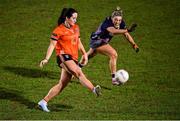 22 February 2025; Moya Feehan of Armagh in action against Danielle Caldwell of Mayo during the Lidl Ladies National Football League Division 1 match between Armagh and Mayo at the BOX-IT Athletic Grounds in Armagh. Photo by David Fitzgerald/Sportsfile