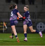 22 February 2025; Saoirse Lally of Mayo, left, celebrates with team mate Saoirse Delaney after scoring their side's first goal during the Lidl Ladies National Football League Division 1 match between Armagh and Mayo at the BOX-IT Athletic Grounds in Armagh. Photo by David Fitzgerald/Sportsfile