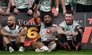 22 February 2025; Bundee Aki of Ireland, centre, with teammates Jamison Gibson-Park, left, and Peter O’Mahony after their side's victory in the Guinness Six Nations Rugby Championship match between Wales and Ireland at the Principality Stadium in Cardiff, Wales. Photo by Seb Daly/Sportsfile