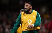 22 February 2025; Bundee Aki of Ireland during the Guinness Six Nations Rugby Championship match between Wales and Ireland at the Principality Stadium in Cardiff, Wales. Photo by Ben McShane/Sportsfile
