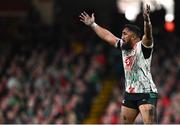 22 February 2025; Bundee Aki of Ireland during the Guinness Six Nations Rugby Championship match between Wales and Ireland at the Principality Stadium in Cardiff, Wales. Photo by Seb Daly/Sportsfile