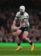 22 February 2025; Mack Hansen of Ireland during the Guinness Six Nations Rugby Championship match between Wales and Ireland at the Principality Stadium in Cardiff, Wales. Photo by Ben McShane/Sportsfile