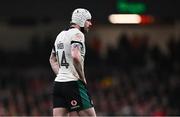 22 February 2025; Mack Hansen of Ireland during the Guinness Six Nations Rugby Championship match between Wales and Ireland at the Principality Stadium in Cardiff, Wales. Photo by Ben McShane/Sportsfile