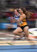 23 February 2025; Lauren O'Leary of Leevale AC, Cork, right, and Janine Boyle of Finn Valley AC, Donegal, compete in the women's 60m heats during day two of the 123.ie National Senior Indoor Championships at the National Indoor Arena on the Sport Ireland Campus in Dublin. Photo by Sam Barnes/Sportsfile