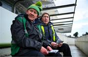 23 February 2025; Stewards Seán Fox, left, and Gabriel Cribben sit in the dugout before the Allianz Football League Division 2 match between Meath and Roscommon at Páirc Tailteann in Navan, Meath. Photo by Shauna Clinton/Sportsfile