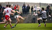 23 February 2025; David Clifford of Kerry scores his side's first goal past Tyrone goalkeeper Niall Morgan during the Allianz Football League Division 1 match between Tyrone and Kerry at Pomeroy Plunkett's GAA Club in Pomeroy, Tyrone. Photo by Ramsey Cardy/Sportsfile