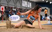 23 February 2025; Laura Frawley of Nenagh Olympic AC, Tipperary, competes in the women's long jump during day two of the 123.ie National Senior Indoor Championships at the National Indoor Arena on the Sport Ireland Campus in Dublin. Photo by Sam Barnes/Sportsfile