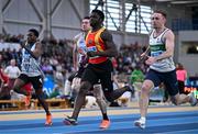 23 February 2025; Israel Olatunde of Tallaght AC, Dublin, centre, on his way to winning his men's 60m semi-final during day two of the 123.ie National Senior Indoor Championships at the National Indoor Arena on the Sport Ireland Campus in Dublin. Photo by Sam Barnes/Sportsfile