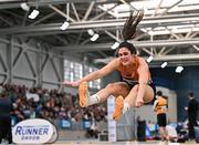 23 February 2025; Laura Frawley of Nenagh Olympic AC, Tipperary, competes in the women's long jump during day two of the 123.ie National Senior Indoor Championships at the National Indoor Arena on the Sport Ireland Campus in Dublin. Photo by Sam Barnes/Sportsfile