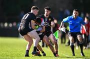 23 February 2025; Andy McDonnell of Louth in action against Odhran Murdock, left, and James Guinness of Down during the Allianz Football League Division 2 match between Louth and Down at Integral GAA Grounds in Drogheda, Louth. Photo by Tyler Miller/Sportsfile