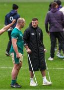 23 February 2025; Shane Daly of Ireland is seen using crutches alongside teammate Oli Jager after the representative fixture rugby union match between England A and Ireland A at Ashton Gate in Bristol, England. Photo by Harry Murphy/Sportsfile