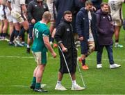 23 February 2025; Shane Daly of Ireland is seen using crutches alongside teammate Oli Jager after the representative fixture rugby union match between England A and Ireland A at Ashton Gate in Bristol, England. Photo by Harry Murphy/Sportsfile