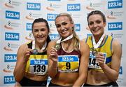 23 February 2025; Women's 400m medallists, Sharlene Mawdsley of Newport AC, Tipperary, gold, centre, Phil Healy of Bandon AC, Cork, silver, left, and Rachel McCann of North Down AC, bronze, right, during day two of the 123.ie National Senior Indoor Championships at the National Indoor Arena on the Sport Ireland Campus in Dublin. Photo by Sam Barnes/Sportsfile