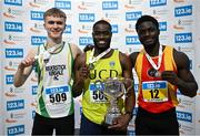 23 February 2025; Men's 60m medallists, Bori Akinola of UCD AC, Dublin, gold, centre, Max O'Reilly of Riverstick/Kinsale AC, Cork, silver, left, and Israel Olatunde of Tallaght AC, Dublin, bronze, right, during day two of the 123.ie National Senior Indoor Championships at the National Indoor Arena on the Sport Ireland Campus in Dublin. Photo by Sam Barnes/Sportsfile