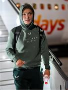 23 February 2025; Emily Murphy on arrival at Trieste Airport in Italy before travelling onto Slovenia for their UEFA Women's Nations League League B match against Slovenia on Tuesday. Photo by Stephen McCarthy/Sportsfile