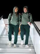 23 February 2025; Tyler Toland, left, and Emily Murphy on arrival at Trieste Airport in Italy before travelling onto Slovenia for their UEFA Women's Nations League League B match against Slovenia on Tuesday. Photo by Stephen McCarthy/Sportsfile