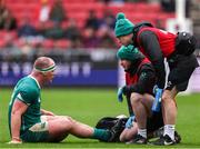 23 February 2025; Oli Jager of Ireland receives treatment during the representative fixture rugby union match between England A and Ireland A at Ashton Gate in Bristol, England. Photo by Harry Murphy/Sportsfile