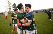 23 February 2025; Tony Brosnan, right, and Paudie Clifford of Kerry after the Allianz Football League Division 1 match between Tyrone and Kerry at Pomeroy Plunkett's GAA Club in Pomeroy, Tyrone. Photo by Ramsey Cardy/Sportsfile