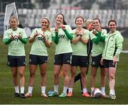 24 February 2025; Players, from left, Ruesha Littlejohn, Jessie Stapleton, Anna Patten, Emily Murphy, Abbie Larkin and Aoife Mannion during a Republic of Ireland women's training session at Bonifika Stadium in Koper, Slovenia. Photo by Stephen McCarthy/Sportsfile