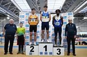 22 February 2025; Athletics Ireland President John Cronin, far left, and Athletics Ireland Life Vice President Liam Hennessy, far right, with men's 60m hurdles medallists, Adam Nolan of St Laurence O'Toole AC, Carlow,  gold, centre, Sean Carmody of Leevale AC, Cork, silver, left, and Emmanuel Osas of Ratoath AC, Meath, bronze, right, during day one of the 123.ie National Senior Indoor Championships at the National Indoor Arena on the Sport Ireland Campus in Dublin. Photo by Sam Barnes/Sportsfile