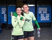 24 February 2025; Marissa Sheva, left, and Izzy Atkinson during a Republic of Ireland women's training session at Bonifika Stadium in Koper, Slovenia. Photo by Stephen McCarthy/Sportsfile