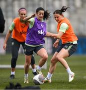 24 February 2025; Marissa Sheva is tackled by Melisa Filis, right, during a Republic of Ireland women's training session at Bonifika Stadium in Koper, Slovenia. Photo by Stephen McCarthy/Sportsfile