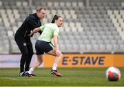 24 February 2025; Lucy Quinn and assistant head coach Alan Mahon during a Republic of Ireland women's training session at Bonifika Stadium in Koper, Slovenia. Photo by Stephen McCarthy/Sportsfile