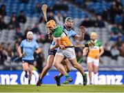 22 February 2025; Cillian Kiely of Offaly in action against Chris Crummey of Dublin during the Allianz Hurling League Division 1B match between Dublin and Offaly at Croke Park in Dublin. Photo by Peter Langan/Sportsfile
