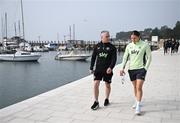 24 February 2025; Republic of Ireland's Melisa Filis and masseuse Kieran Hunt during a pre-match team walk near their team hotel, in Portoroz, ahead of the UEFA Women's Nations League League B match between Slovenia and Republic of Ireland at Bonifika Stadium in Koper, Slovenia. Photo by Stephen McCarthy/Sportsfile