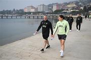 24 February 2025; Republic of Ireland's Melisa Filis and masseuse Kieran Hunt during a pre-match team walk near their team hotel, in Portoroz, ahead of the UEFA Women's Nations League League B match between Slovenia and Republic of Ireland at Bonifika Stadium in Koper, Slovenia. Photo by Stephen McCarthy/Sportsfile