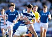 25 February 2025; Charlie O’Neill of Blackrock College is tackled by Christian Crawley of St Mary’s College during the Bank of Ireland Leinster Rugby Boys Schools Junior Cup second round match between St Mary's College and Blackrock College at Energia Park in Dublin. Photo by Daire Brennan/Sportsfile