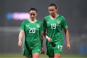 25 February 2025; Marissa Sheva, left, and Abbie Larkin of Republic of Ireland after their side's defeat in the UEFA Women's Nations League B match between Slovenia and Republic of Ireland at Bonifika Stadium in Koper, Slovenia. Photo by Stephen McCarthy/Sportsfile
