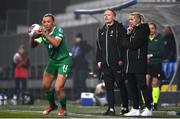 25 February 2025; Republic of Ireland head coach Carla Ward and assistant head coach Alan Mahon  watch on as Katie McCabe of Republic of Ireland takes a throw-in during the UEFA Women's Nations League B match between Slovenia and Republic of Ireland at Bonifika Stadium in Koper, Slovenia. Photo by Stephen McCarthy/Sportsfile