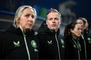 25 February 2025; Republic of Ireland assistant head coach Alan Mahon with head coach Carla Ward, left, before the UEFA Women's Nations League B match between Slovenia and Republic of Ireland at Bonifika Stadium in Koper, Slovenia. Photo by Stephen McCarthy/Sportsfile