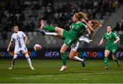 25 February 2025; Amber Barrett of Republic of Ireland in action against Lana Golob of Slovenia during the UEFA Women's Nations League B match between Slovenia and Republic of Ireland at Bonifika Stadium in Koper, Slovenia. Photo by Stephen McCarthy/Sportsfile