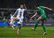 25 February 2025; Marissa Sheva of Republic of Ireland in action against Kaja Eržen of Slovenia during the UEFA Women's Nations League B match between Slovenia and Republic of Ireland at Bonifika Stadium in Koper, Slovenia. Photo by Stephen McCarthy/Sportsfile