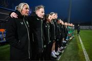 25 February 2025; Republic of Ireland head coach Carla Ward with, from left, assistant head coach Alan Mahon, assistant coach Amber Whiteley, goalkeeping coach Emma Byrne and performance analyst Jackson Huxley before the UEFA Women's Nations League B match between Slovenia and Republic of Ireland at Bonifika Stadium in Koper, Slovenia. Photo by Stephen McCarthy/Sportsfile