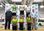 23 February 2025; Athletics Ireland President John Cronin, far left, and  RSA Insurance Ireland Chief Executive Officer Kevin Thompson, far right, with men's 3000m medallists, Sean Tobin of Clonmel AC, Tipperay, centre, gold, James Gormley of Carmen Runners, silver, centre left, and Callum Morgan of CNDR Track AC, bronze, centre right, during day two of the 123.ie National Senior Indoor Championships at the National Indoor Arena on the Sport Ireland Campus in Dublin. Photo by Sam Barnes/Sportsfile