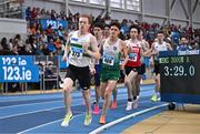 23 February 2025; Sean Tobin of Clonmel AC, left, on his way to winning the men's 3000m ahead of Noah Harris of Parnell AC, during day two of the 123.ie National Senior Indoor Championships at the National Indoor Arena on the Sport Ireland Campus in Dublin. Photo by Sam Barnes/Sportsfile