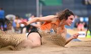 23 February 2025; Laura Frawley of Nenagh Olympic AC, Tipperary, competes in the women's long jump during day two of the 123.ie National Senior Indoor Championships at the National Indoor Arena on the Sport Ireland Campus in Dublin. Photo by Sam Barnes/Sportsfile