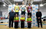 23 February 2025; Athletics Ireland President John Cronin, far left, and Sport Ireland Chairperson John Foley, far right, with men's 400m medallists, Conor Kelly of Derry Track AC, gold, centre, David Bosch of UCD AC, Dublin, silver, centre left, and Sean Doggett of Athenry AC, Galway, bronze, centre right, during day two of the 123.ie National Senior Indoor Championships at the National Indoor Arena on the Sport Ireland Campus in Dublin. Photo by Sam Barnes/Sportsfile