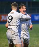 26 February 2025; Presentation College, Bray players Luca Nolan, right, and Sean McDonald celebrate after their side's victory in the Bank of Ireland Leinster Rugby Boys Schools Vinnie Murray Cup final match between Temple Carrig School and Presentation College, Bray at Energia Park in Dublin. Photo by Shauna Clinton/Sportsfile