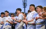 26 February 2025; Presentation College, Bray players, including Sean Gillespie, second from left, celebrate after their side's victory in the Bank of Ireland Leinster Rugby Boys Schools Vinnie Murray Cup final match between Temple Carrig School and Presentation College, Bray at Energia Park in Dublin. Photo by Shauna Clinton/Sportsfile
