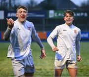 26 February 2025; Presentation College, Bray players Luca Nolan, right, and Sean McDonald celebrate after their side's victory in the Bank of Ireland Leinster Rugby Boys Schools Vinnie Murray Cup final match between Temple Carrig School and Presentation College, Bray at Energia Park in Dublin. Photo by Shauna Clinton/Sportsfile
