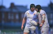 26 February 2025; Sean Gillespie of Presentation College, Bray, left, speaks to team-mate Marc Lawless during the Bank of Ireland Leinster Rugby Boys Schools Vinnie Murray Cup final match between Temple Carrig School and Presentation College, Bray at Energia Park in Dublin. Photo by Shauna Clinton/Sportsfile
