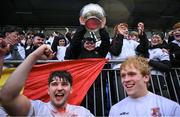 26 February 2025; Presentation College, Bray supporter Caleb Doyle, centre, celebrates with players after the Bank of Ireland Leinster Rugby Boys Schools Vinnie Murray Cup final match between Temple Carrig School and Presentation College, Bray at Energia Park in Dublin. Photo by Shauna Clinton/Sportsfile